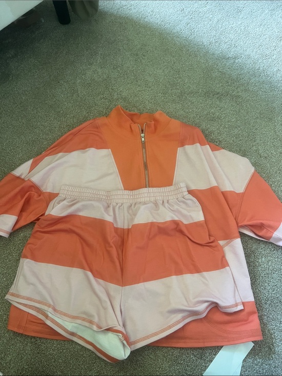 Fisoew Tops - Orange & Cream Striped Zip Pullover Set